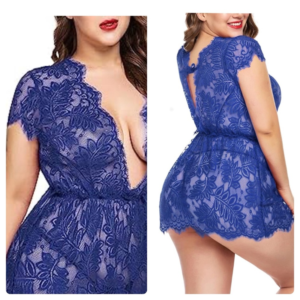 NEW Avidlove Sexy Lingerie Sz M Lace Mesh Eyelash Sheer Romper Tie Dark Blue